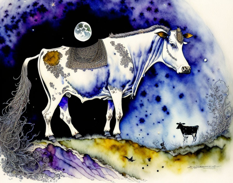 Cosmic-themed cow illustration with intricate patterns on night sky backdrop