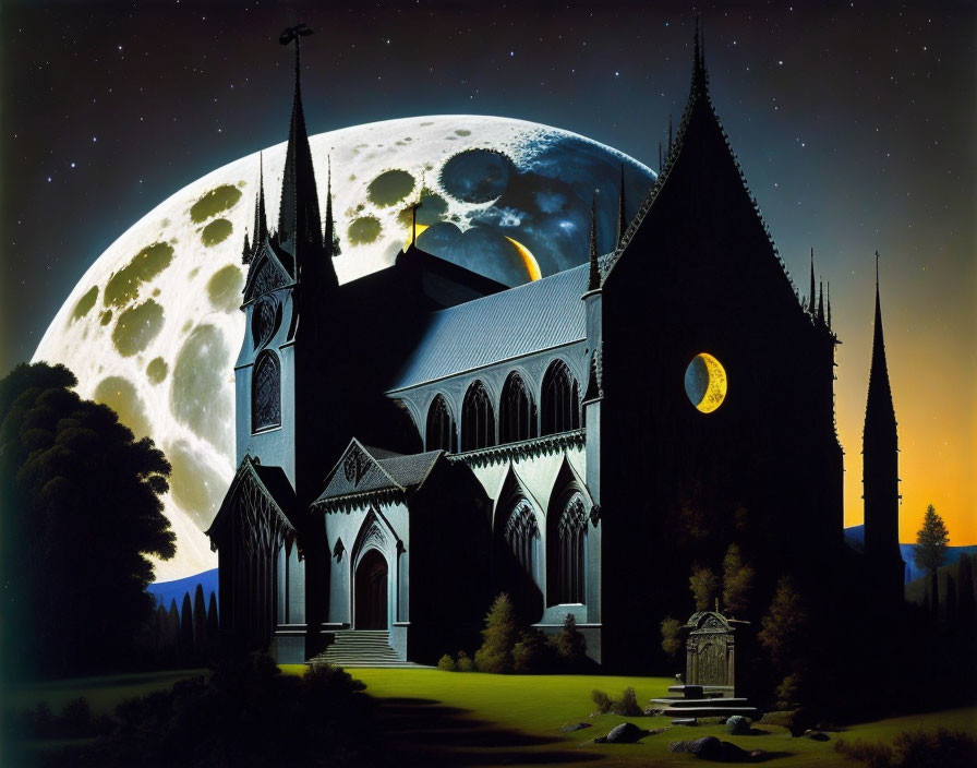 Gothic church night scene with full moon, stars, and silhouette person at grave