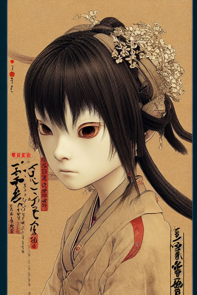 Girl with Black Hair and Red Eyes in Japanese Style Illustration