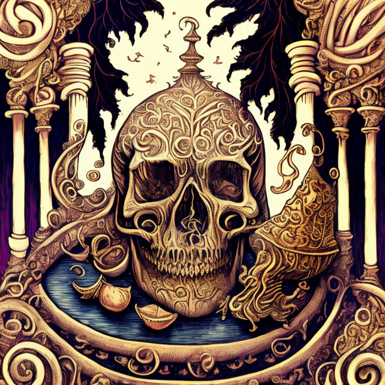 Intricate Gothic Skull Art Among Columns and Mystical Elements