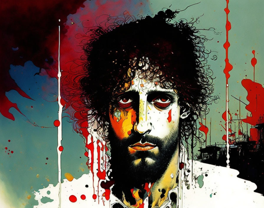 Colorful portrait of person with dark curly hair and beard in red and white paint splatters