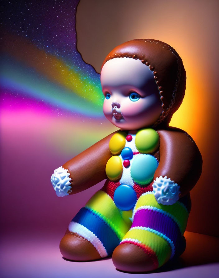 Colorful Toy Doll with Braided Hair and Rainbow Stripes Sitting Against Vibrant Backdrop