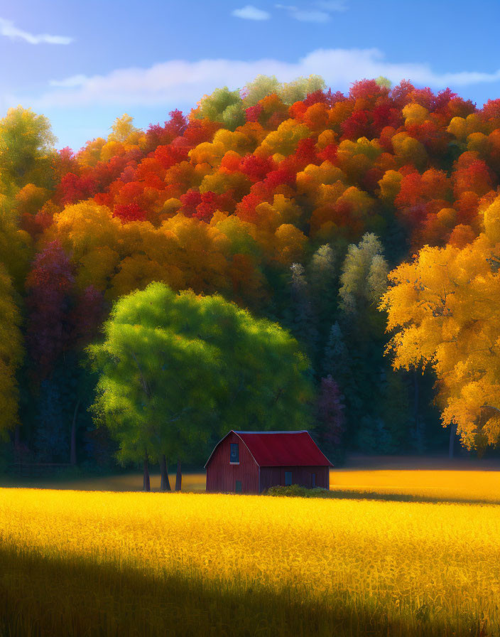 Red barn in golden field with autumn trees in vibrant colors