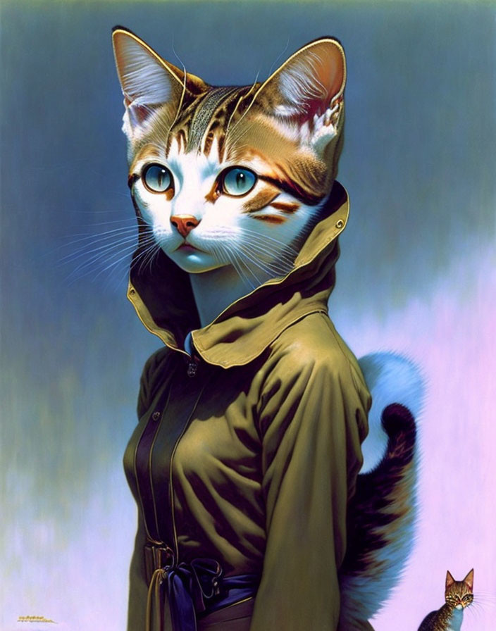 Surreal human body with cat head in green jacket against soft backdrop