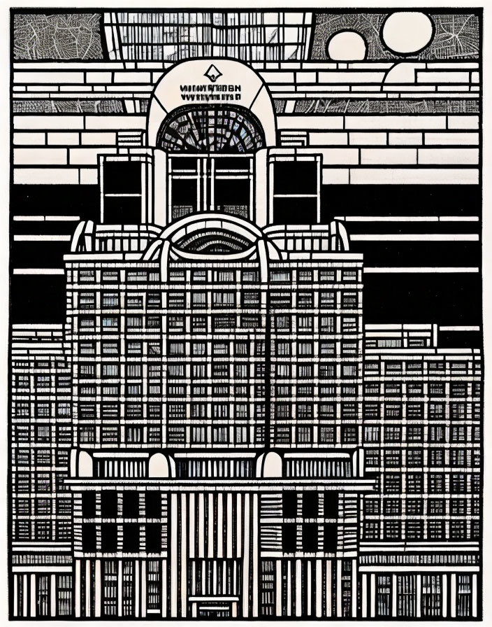 Monochrome art deco building with geometric patterns and ornate details