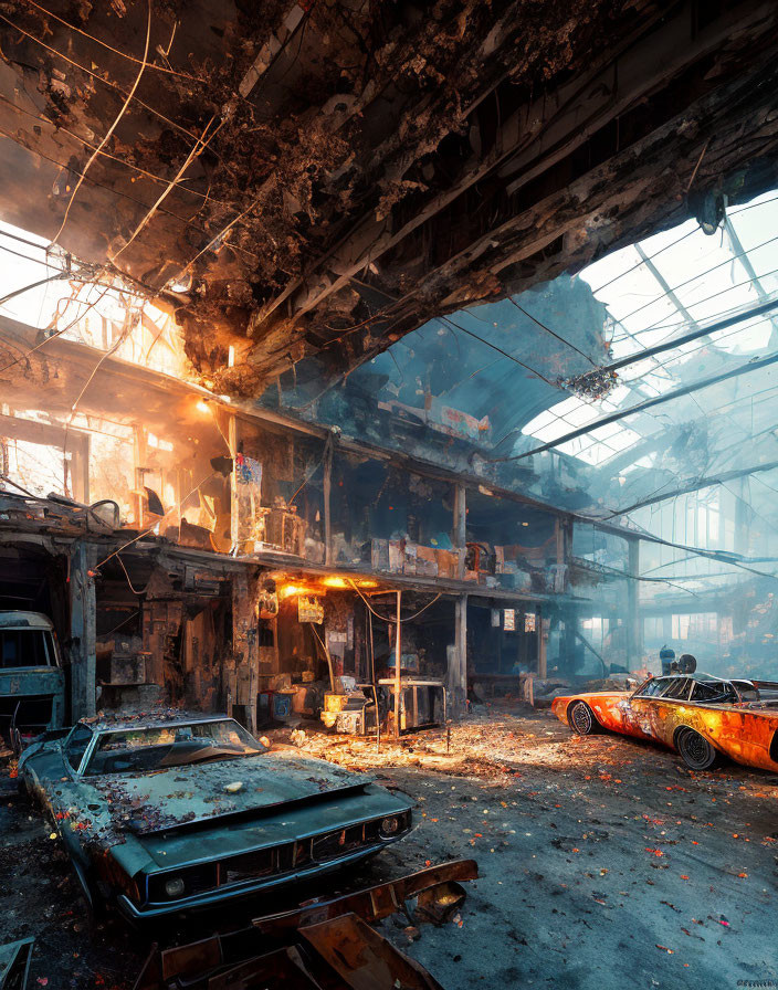 Derelict multi-story industrial building at sunset with abandoned cars and debris.