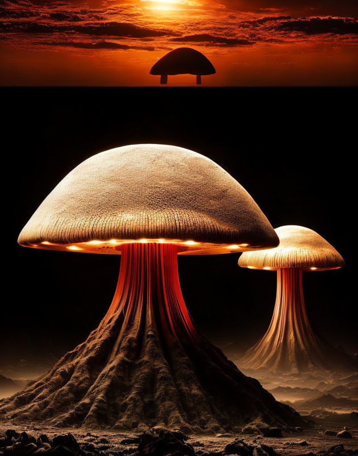 Stylized mushroom-shaped structures at sunset sky