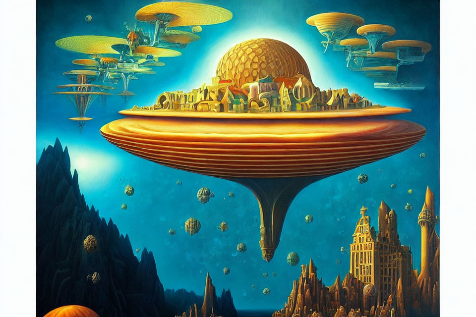 Surreal painting of floating cities on disc-like platforms