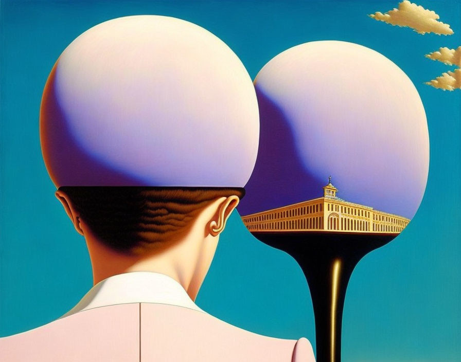 Surreal artwork: Two bald heads merge with landscape and building under a blue sky.