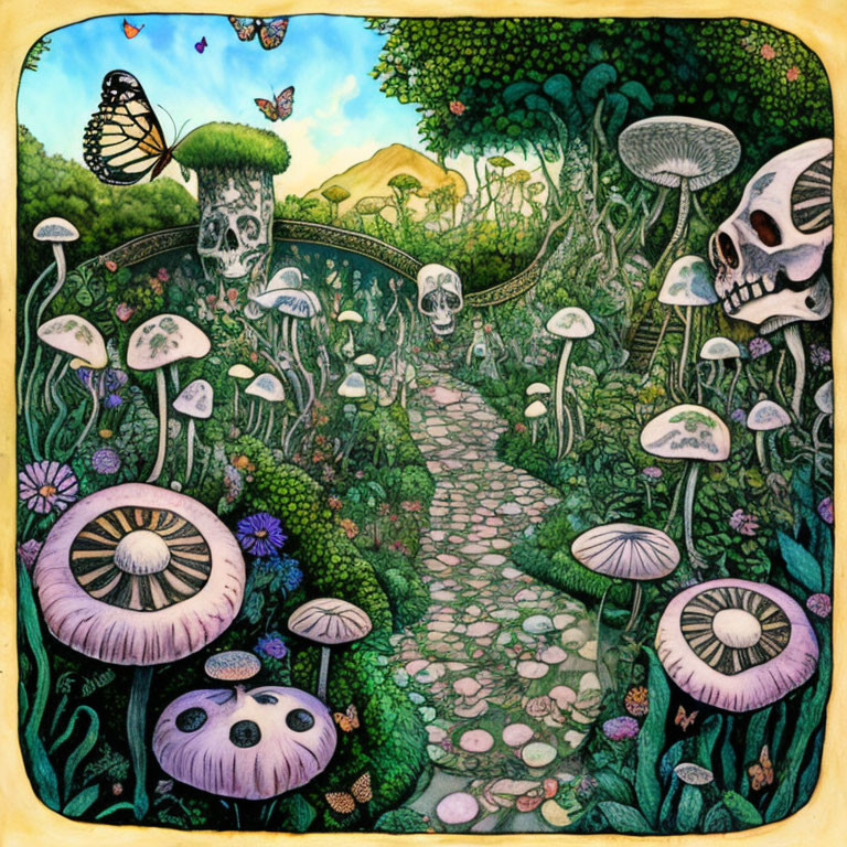 Fantastical garden path with oversized mushrooms and skull-shaped flora under vibrant sky