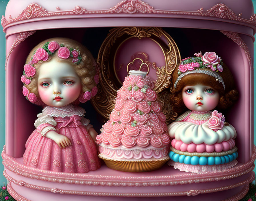 Ornate doll-like figures with floral headpieces in pink display case with stylized cake object