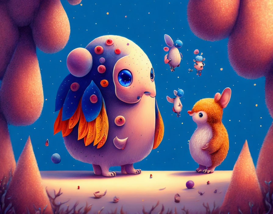 Colorful illustration of large gentle creature with tiny wings in magical forest