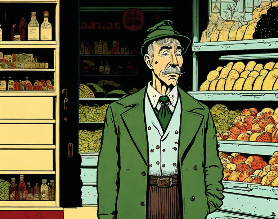 Man with Mustache in Green Coat and Hat in Grocery Store Scene