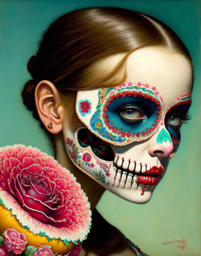 Portrait of Woman with Day of the Dead Skull Makeup and Roses Bouquet