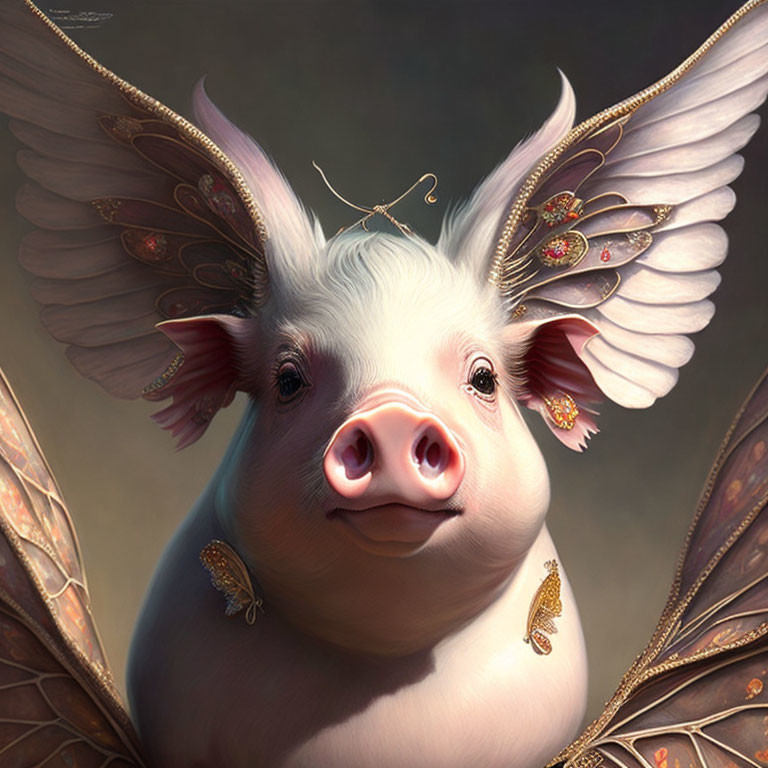 Illustration of whimsical pig with angel wings and jewel-encrusted decorations