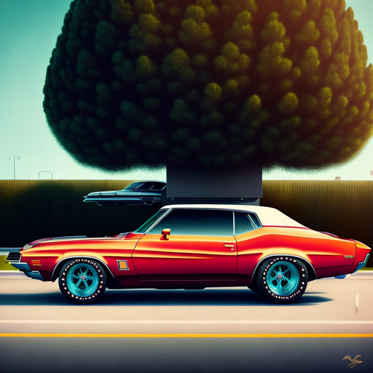 Illustration of retro orange muscle car with blue rims parked under green tree.