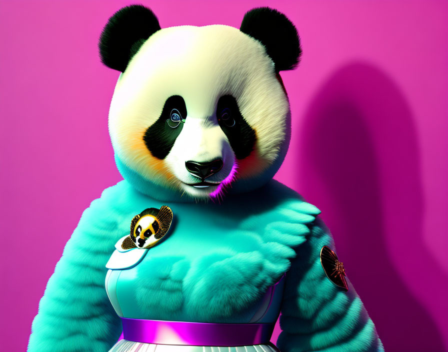 Stylized panda character with blue fur and silver belt on pink background