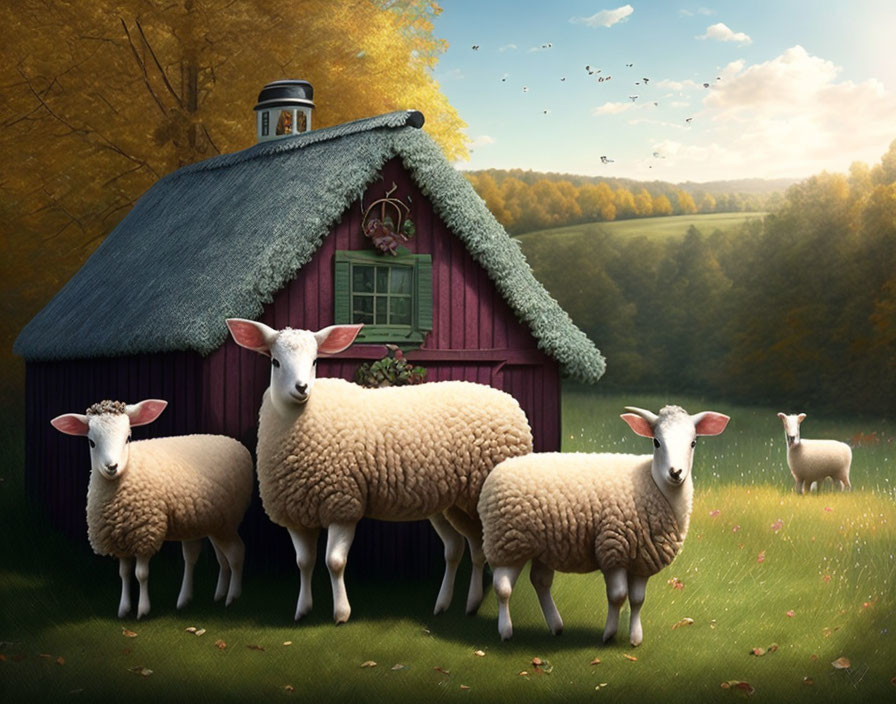 Thatched Roof Cottage Surrounded by Sheep in Autumn Landscape