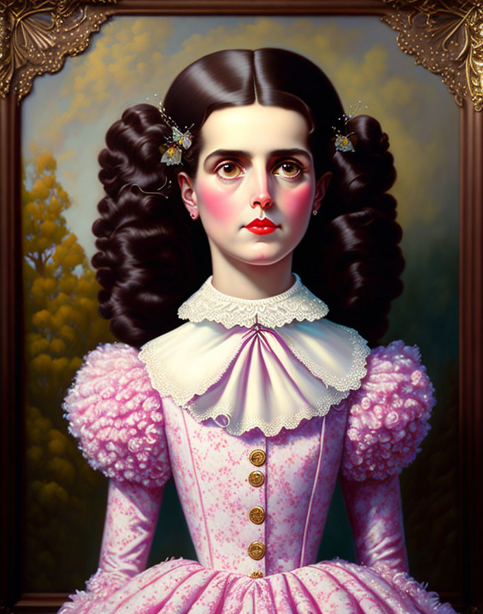 Portrait of Woman with Expressive Eyes and Floral Hair in Pink Victorian Dress