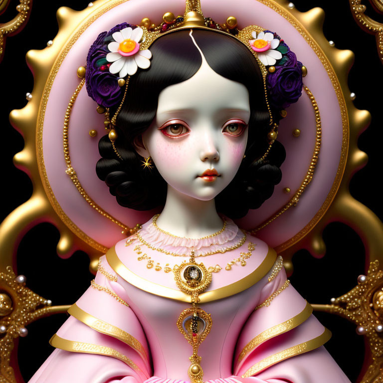 Victorian-style girl portrait with large eyes and ornate attire