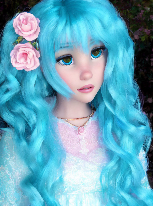 Blue-haired doll with big eyes and floral hair accessories in lace-trimmed outfit