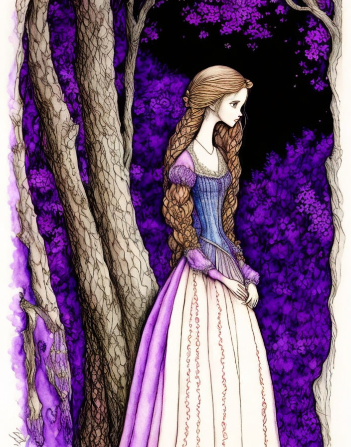 Illustrated woman with long braided hair in medieval dress in purple forest.