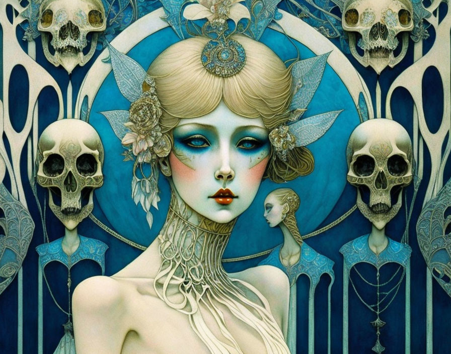 Pale woman with blue lips surrounded by skulls and ornate details on blue backdrop