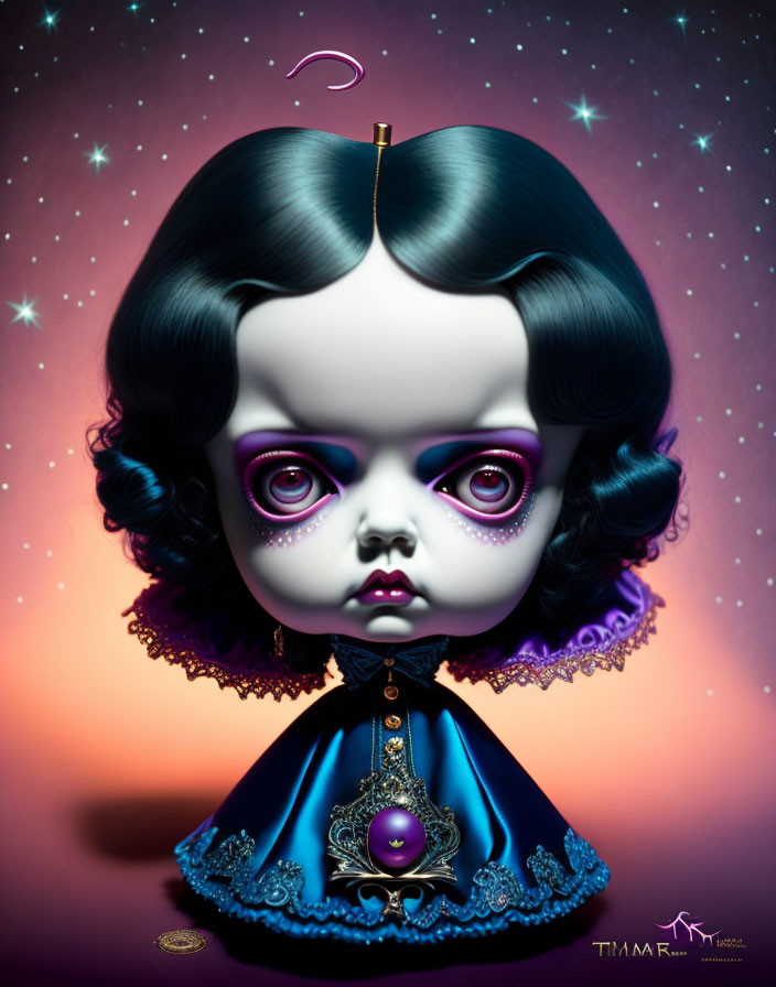 Doll illustration: oversized violet eyes, dark curly hair, blue & purple dress, spooky surreal vibe