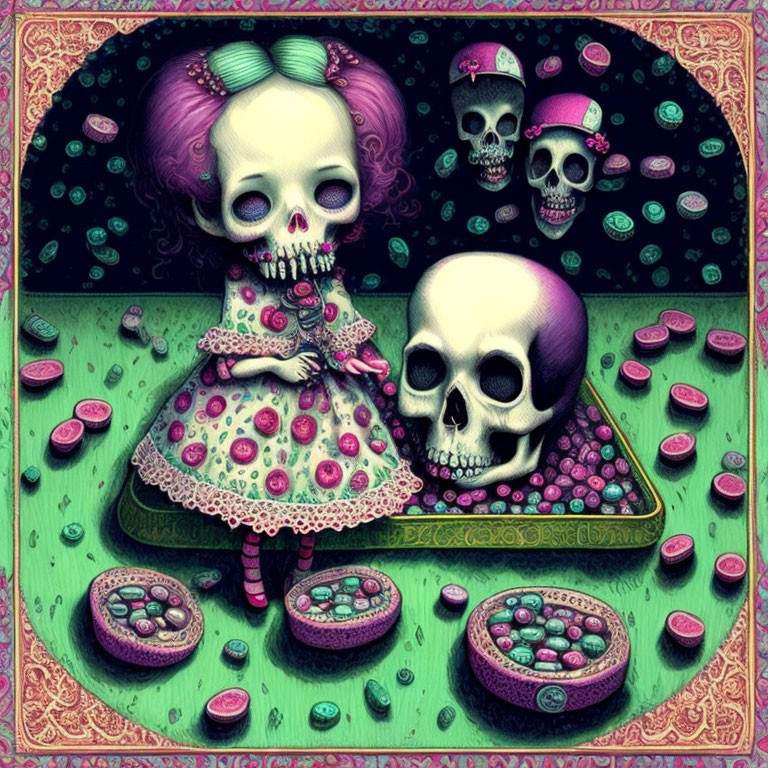 Whimsical girl with skull face surrounded by macarons and skulls