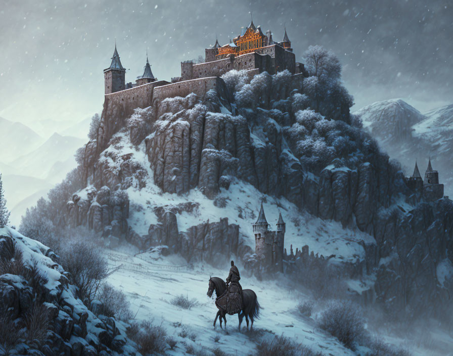 Solitary rider on horseback near snow-covered castle at twilight