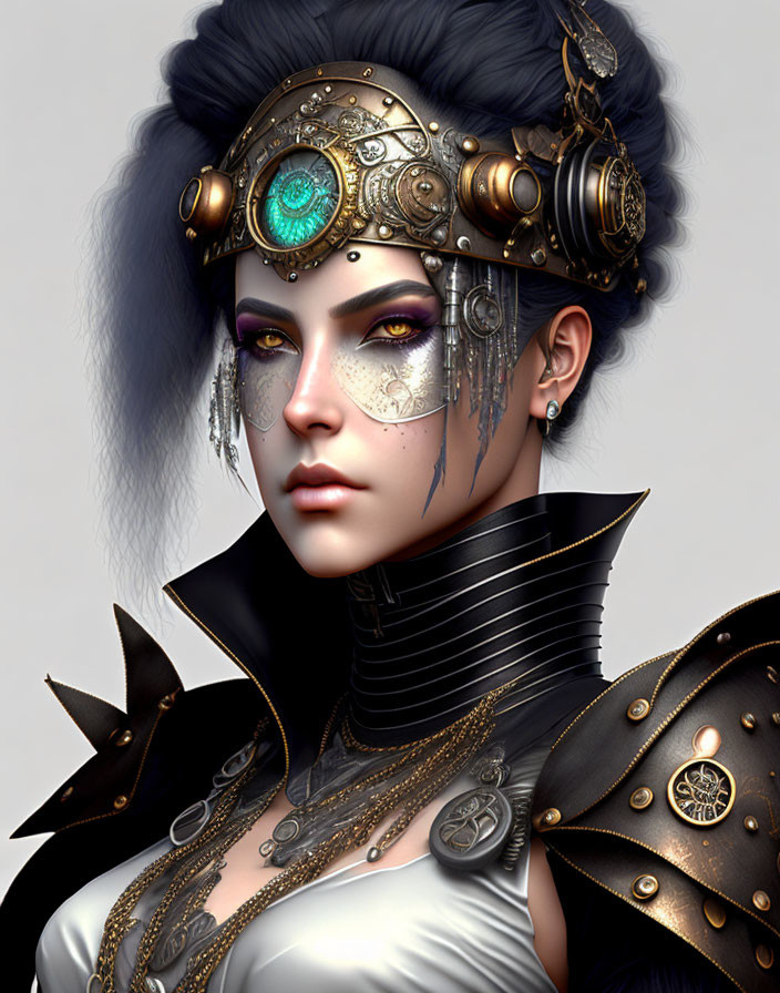 Steampunk digital art of woman with mechanical eye & ornate headdress