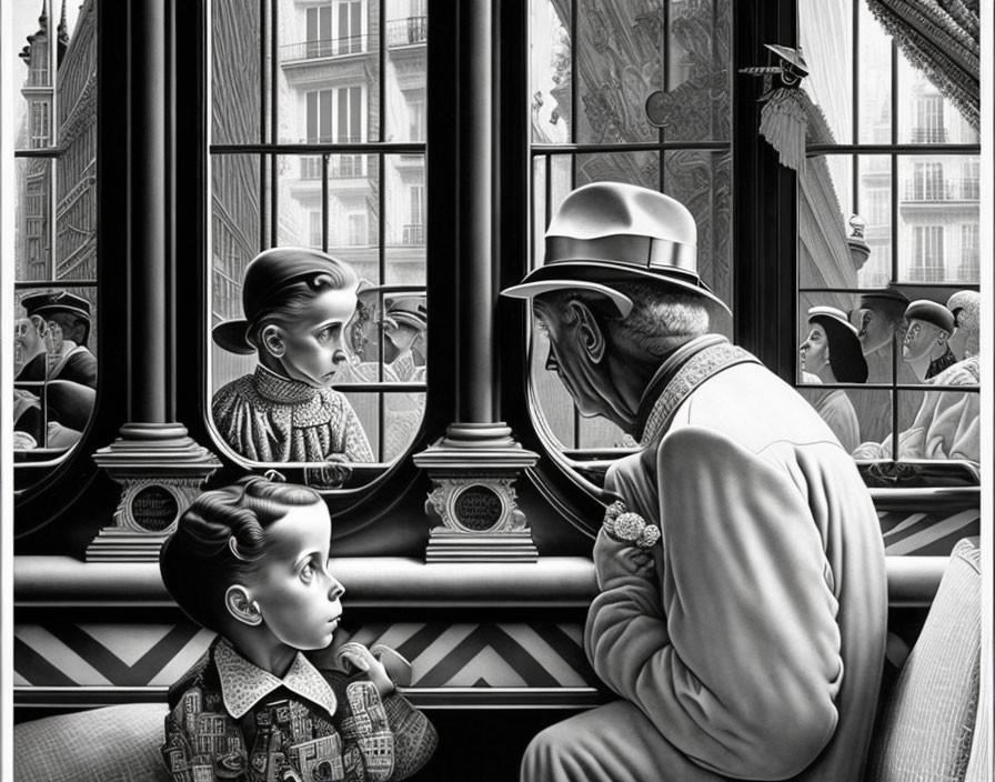 Monochromatic illustration: young girl, older man at diner with reflections of younger man, older woman