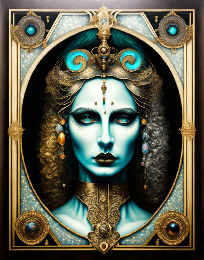 Mystical woman with blue skin and golden headgear in starry setting