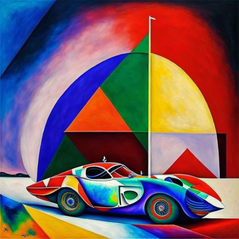 Colorful abstract painting with stylized race car on geometric background