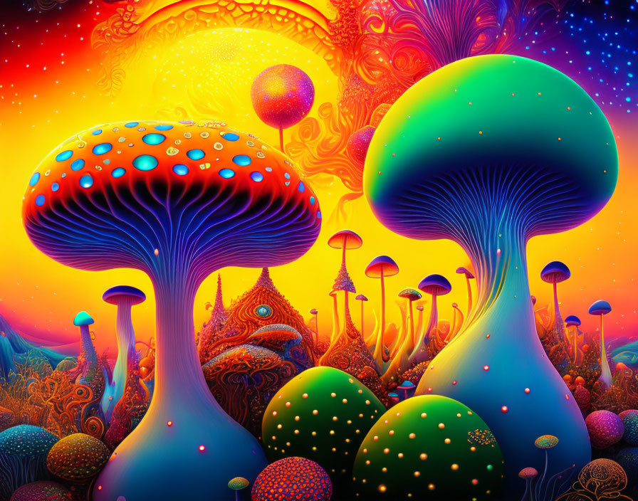 Colorful Psychedelic Mushroom Illustration in Surreal Landscape