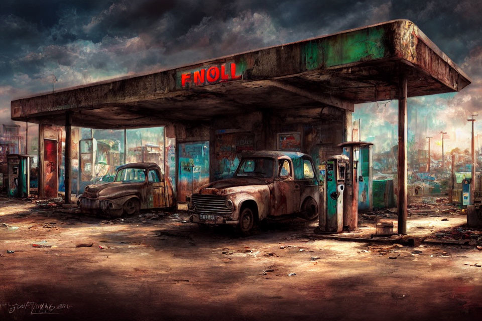 Desolate gas station with FNOLL sign, rusted cars, post-apocalyptic vibe