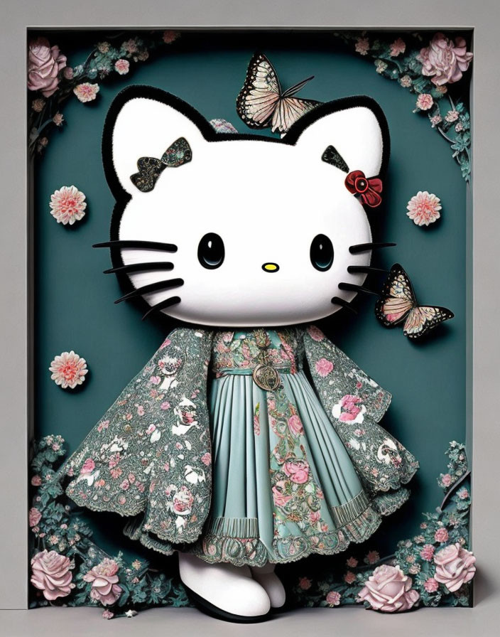 Hello Kitty in Vintage Dress with Flowers and Butterflies on Teal Background