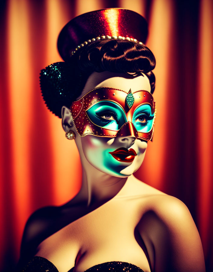 Stylized portrait of woman with vintage hairstyle and colorful masquerade mask