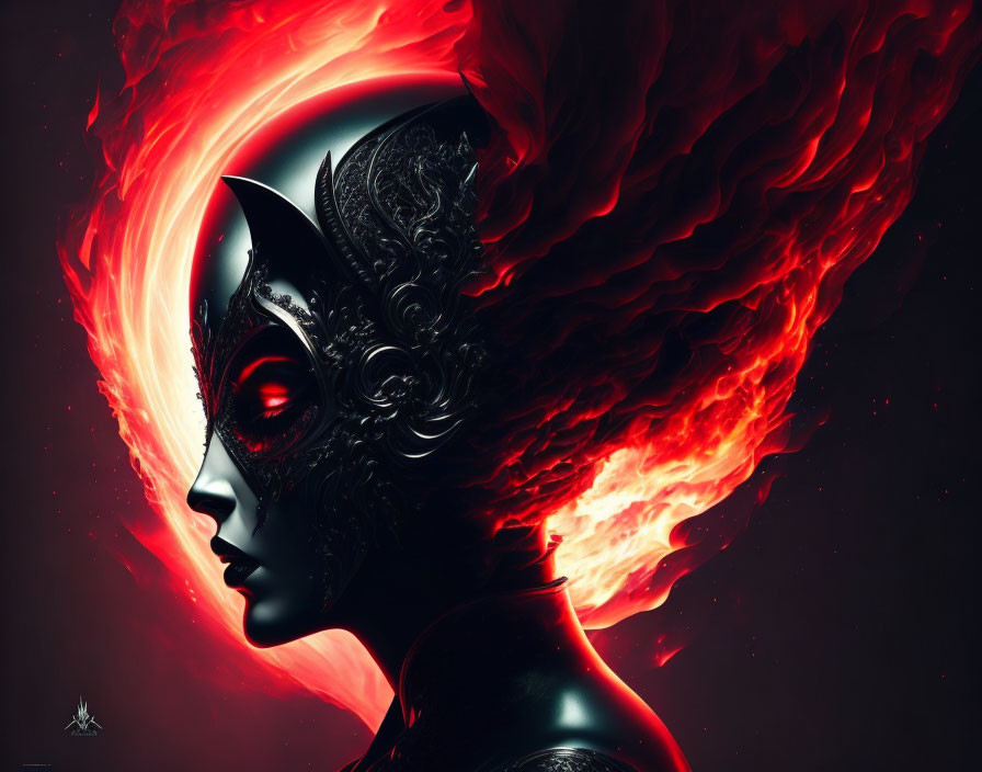 Stylized artwork of person with ornate mask and fiery red hair on dark background