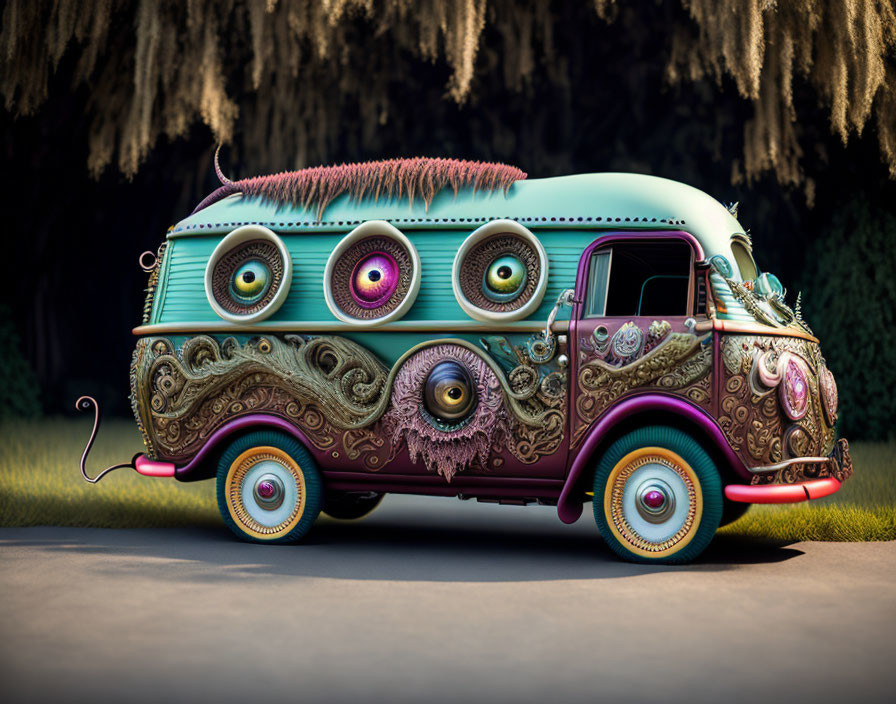 Whimsical vintage van with ornate patterns and cartoonish eyes on dark background