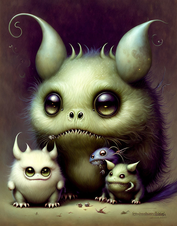 Four Cute Bizarre Creatures with Large Eyes, Horns, and Sharp Teeth