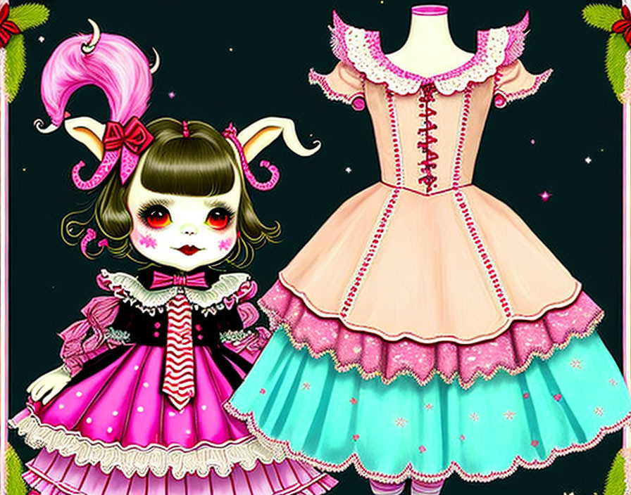 Stylized character in pink and black Lolita dress with big eyes