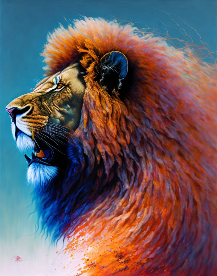 Detailed Lion Profile Artwork with Orange and Blue Mane on Blue Gradient Background