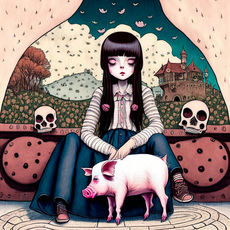 Dark-haired girl with pink pig on skull-patterned ground and whimsical castle.