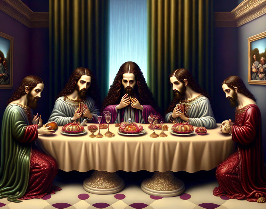 Symmetrical composition of six figures sharing a meal at a table