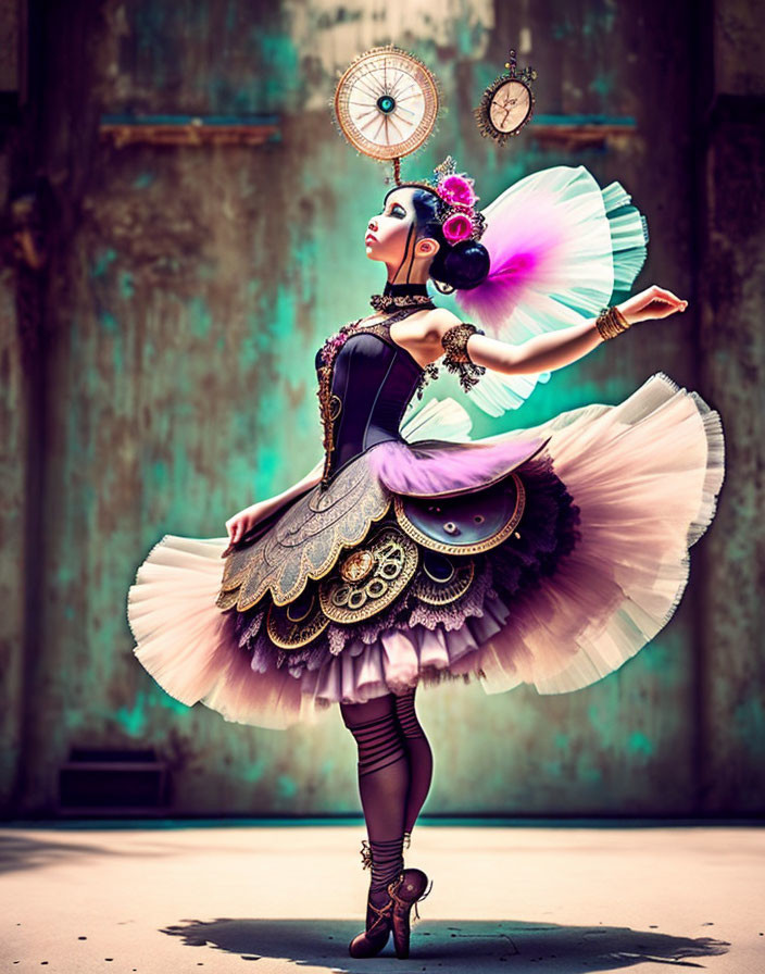 Elaborate steampunk-inspired woman in tutu with metallic accessories