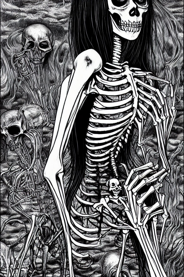 Monochrome illustration of skeletal figure amid skulls and twisted forms