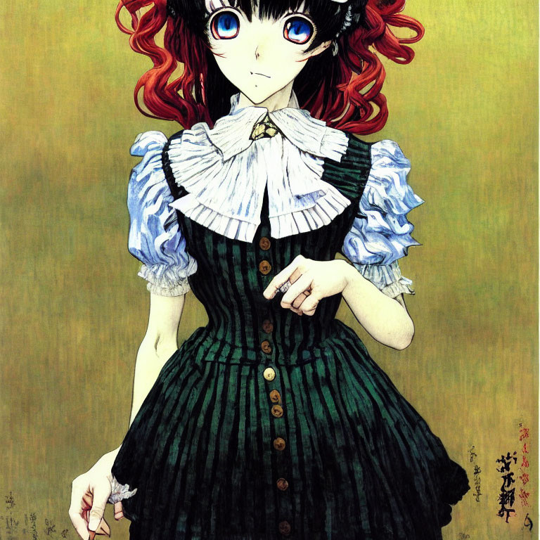 Stylized anime girl with red curly hair and blue eyes in green dress holding flower