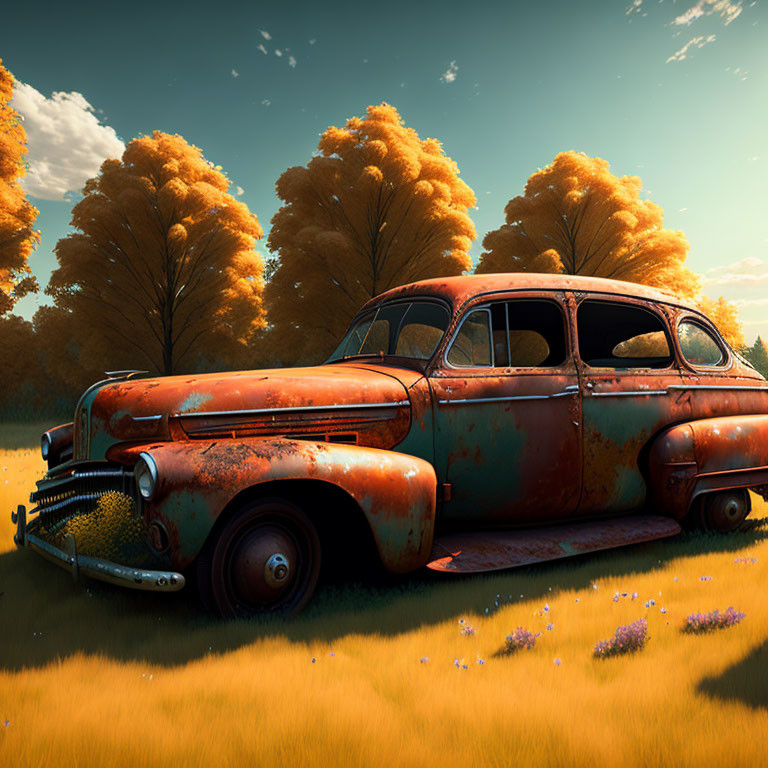 Abandoned rusty vehicle in field with yellow grass and golden sky