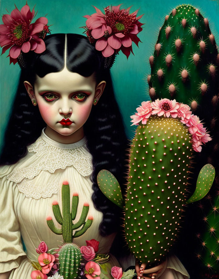 Surreal illustration: Pale girl in Victorian attire with cactus on intense green background